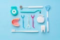 Dental equipments from the top view, flat lay in the studio