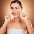 Dental floss, face and happy woman cleaning teeth for oral hygiene routine, self care flossing or tooth healthcare Royalty Free Stock Photo