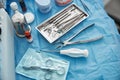 Dental forceps and elevator amont other instruments Royalty Free Stock Photo