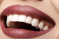 Dental. Happy smile with red lips make-up, white healthy teeth Royalty Free Stock Photo