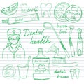 Dental health doodles icons set. Hand drawn sketch with teeth, toothpaste toothbrush dentist mouth wash and floss. vector Royalty Free Stock Photo