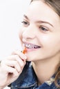 Dental Health Ideas and Concepts.Smiling Caucasian Female Teenager Royalty Free Stock Photo