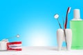 Dental health and teethcare concept. Dental mirror with explorer probe and toothbrush in white tooth model near mouthwash. Human Royalty Free Stock Photo