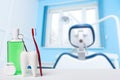 Dental health and teethcare concept. Dental mirror in white tooth model near mouthwash, toothbrush and dental floss against dental Royalty Free Stock Photo