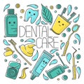 Dental health vector concept in doodle style. Hand drawn illustration for printing on T-shirts, postcards