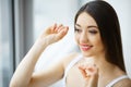 Dental Health. Woman With Beautiful Smile Flossing Healthy Teeth Royalty Free Stock Photo