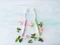 Dental hygiene concept. Toothbrushes, flowers, mint