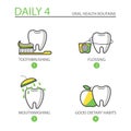 Dental icons. Daily routine for maintaining excellent oral health. Tooth with a brush, floss, mouthwash, an apple Royalty Free Stock Photo