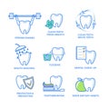 Dental icons. Tooth with floss, mint, mouthwash, brush, apple, isolated on white Royalty Free Stock Photo