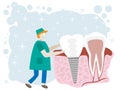 Dental implant. Dentist holding in hand of dentures. Medical equipment. Tooth treatment. Vector illustration flat design. Dental