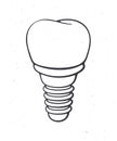 Dental implant of human tooth. Outline. Vector illustration. Symbol of somatology and oral hygiene. Fixture prothesis in dentistry