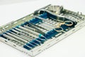 Dental implantation surgical set. Surgical kit of instruments used in dental implantology. Dentist orthopedist tools Royalty Free Stock Photo