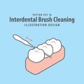 Dental interdental brush cleaning of teeth illustration vector design on blue background. Dental care concept