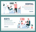 Dental kids and adults care banners or flyers set, cartoon vector illustration.