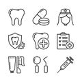 Dental line icon. Dentistry signs set with tooth, toothpaste, dentist, medical instrument. Editable stroke vector