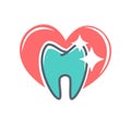 Dental logo on background of red heart. Dentistry icon, toothpaste