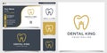 Dental logo with king crown style and business card design template Premium Vector