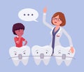 Dental metal braces, child boy and dentist doctor consultation