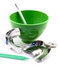 Dental metal impression trays, dental green flask, spatula, pins isolated