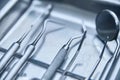 Dental mirror and other tools on tray Royalty Free Stock Photo