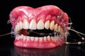 Dental model with orthodontic appliance on black background, clean cleanse teeth with dental floss, AI Generated