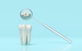Dental molar teeth model icon check for cavities 3d with dentist mirror isolated on blue background. health of white teeth, dental