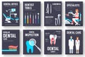 Dental office interior information cards set. Hygiene template of flyear, magazines, posters, book cover, banners