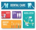 Dental office interior information cards set. Hygiene template of flyear, magazines, posters, book cover, banners