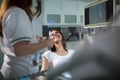 Dental office-specialist tools. Dental care and dental hygiene check up. Dentist examines teeth of the patient