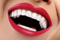 Dental photo. Macro Happy Female Smile with Healthy White Teeth. Red Lips Make-up. Stomatology Treatment, Whitening Royalty Free Stock Photo