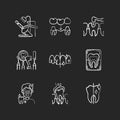 Dental procedures chalk white icons set on black background