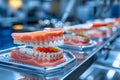 Dental Prostheses, Dentures on Conveyor Belt Close-Up of Denture Models in a Dental Laboratory. Royalty Free Stock Photo