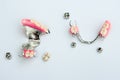 Dental prosthetics concept. tooth replacement. dentistry. removable clasp prostheses with metal and ceramic-metal crowns.