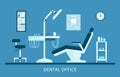 Dental room interior with dentist chair, lamp and drilling machine vector illustration. Royalty Free Stock Photo