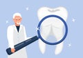 Dental services vector concept. Doctor takes magnifier glass. Dentist make scan of teeth to help toothache