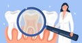 Dental services vector concept. Doctor takes magnifier glass. Dentist make scan of teeth to help toothache