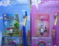 Dental set. Children toothbrush, sandglass and 3D sticker