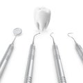 Dental set, mirror, probe, with tooth, concept care isolated on white background, 3D rendering Royalty Free Stock Photo