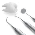 Dental set, mirror, probe, with tooth, concept care isolated on white background, 3D rendering Royalty Free Stock Photo