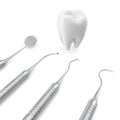 Dental set, mirror, probe, with tooth, concept care isolated on white background, 3D rendering Royalty Free Stock Photo