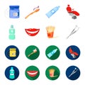 Dental sterile liquid in the jar, lips, teeth, toothpicks in the jar, medical instruments for the dentist. Dental care