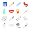 Dental sterile liquid in the jar, lips, teeth, toothpicks in the jar, medical instruments for the dentist. Dental care