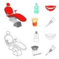 Dental sterile liquid in the jar, lips, teeth, toothpicks in the jar, medical instruments for the dentist. Dental care