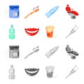 Dental sterile liquid in the jar, lips, teeth, toothpicks in the jar, medical instruments for the dentist. Dental care