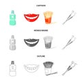 Dental sterile liquid in the jar, lips, teeth, toothpicks in the jar, medical instruments for the dentist. Dental care