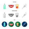 Dental sterile liquid in the jar, lips, teeth, toothpicks in the jar, medical instruments for the dentist. Dental care