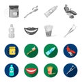 Dental sterile liquid in the jar, lips, teeth, toothpicks in the jar, medical instruments for the dentist. Dental care