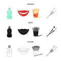 Dental sterile liquid in the jar, lips, teeth, toothpicks in the jar, medical instruments for the dentist. Dental care