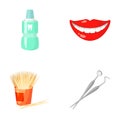 Dental sterile liquid in the jar, lips, teeth, toothpicks in the jar, medical instruments for the dentist. Dental care