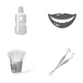 Dental sterile liquid in the jar, lips, teeth, toothpicks in the jar, medical instruments for the dentist. Dental care